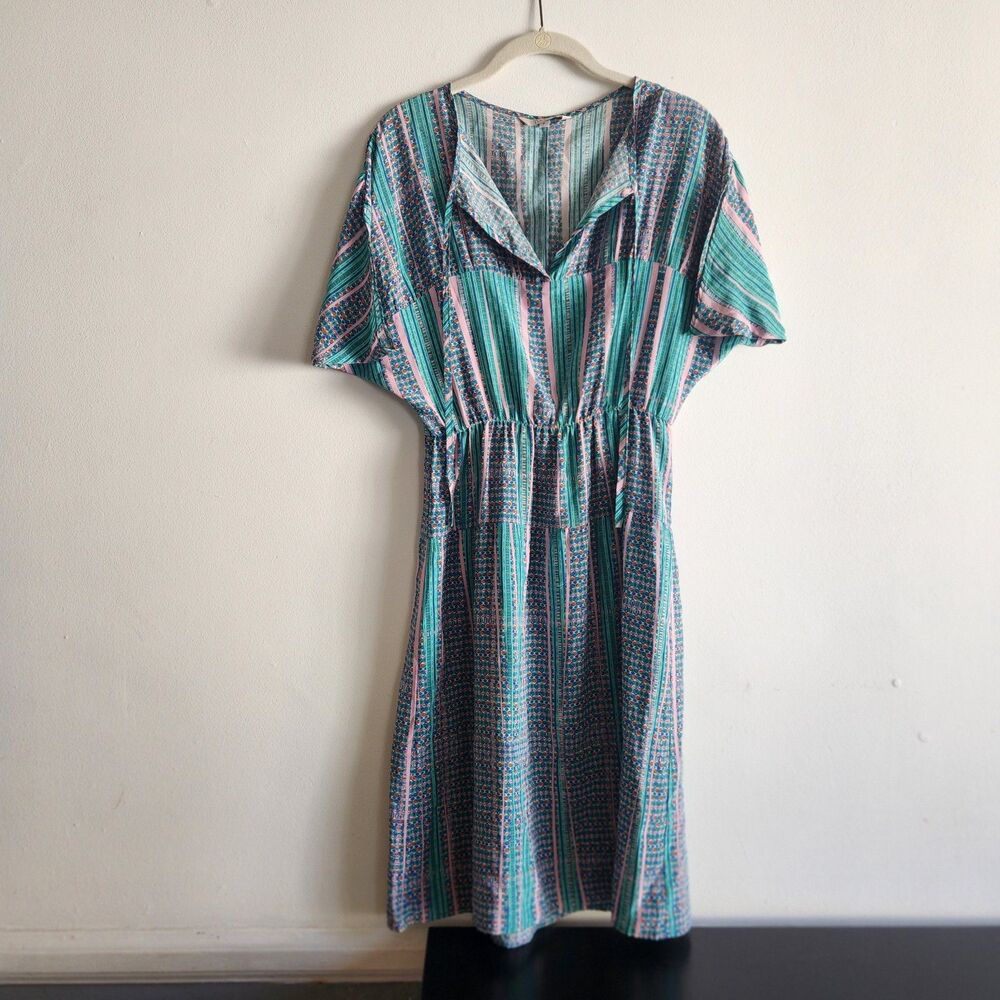 Tucker Green Pink Striped Midi Dress V Neck Satin retro boho psychedelic 70s